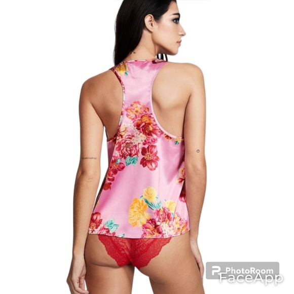 Pink Satin Floral Razorback Tank Top Victoria's Secret Size Medium - Picture 3 of 5